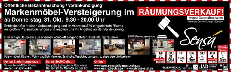 Read more about the article Versteigerung im Räumungsverkauf bei Sensá in Münster